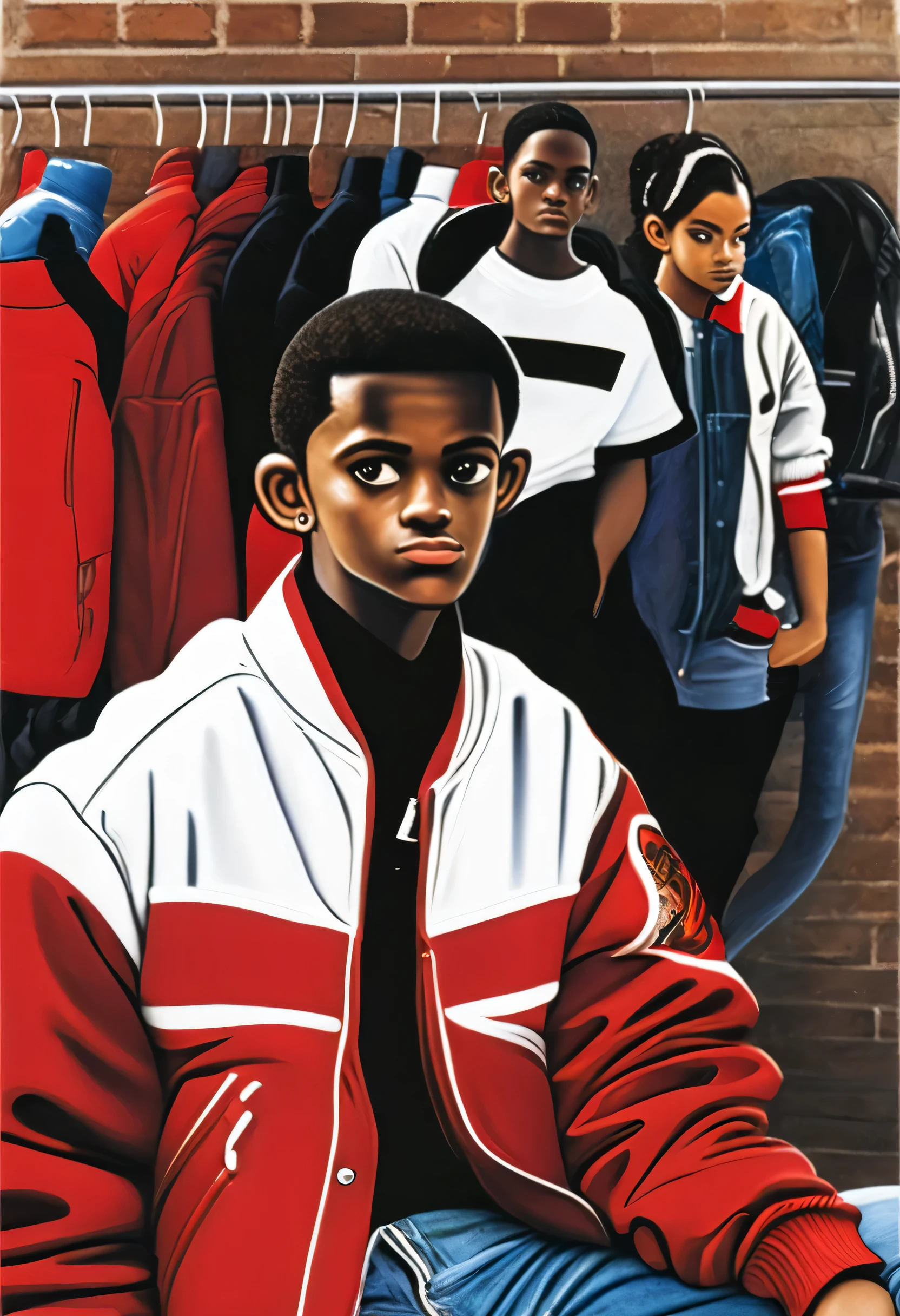 A African American teenager letter jacket (red and black B) on front and back of it. White Tee shirt ,a pair of jeans, white Nike Air Force One shoes 