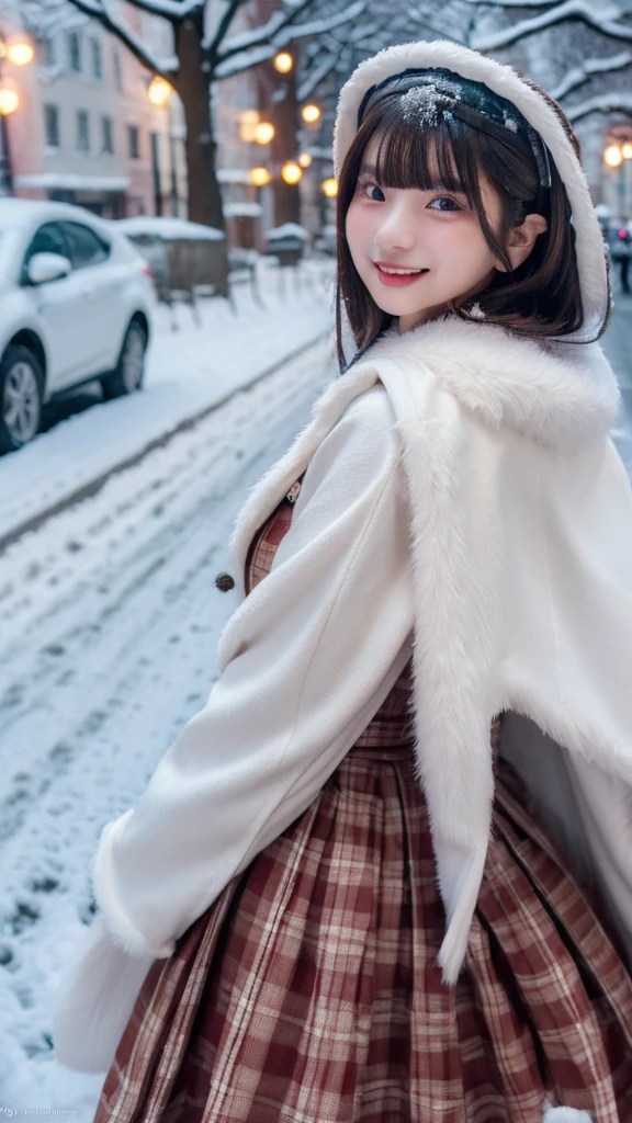 ((best qualtiy, 8K, tmasterpiece:1.3)), Focus:1.2, perfect figure beautiful woman:1.4, Cocked buttocks:1.2, ((long whitr hair)), (Thick fur collar cape:1.1) , (Falling snow, street,stop,copse,snow cover:1.3),(Dynamic style Lolita costume:1.3), Highly detailed facial and skin texture, Detailed eyes, double eyelid,Whiten skin,ssmile,huge tit,Cinematic lighting,Detailed details,Real hair and skin,