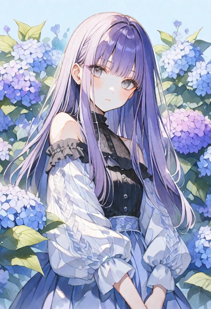 solo, Watercolor,
1. Female,
hime cut,Straight Hair,long Hair, black purple hair, 
gray Eyes,Soft look,Lolita,18 years old,
Off the shoulder,Thin knit,stylish,
skin,hydrangea,
blue background,