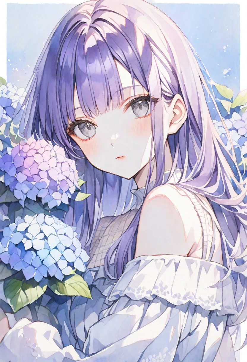 solo, Watercolor,
1. Female,
hime cut,Straight Hair,long Hair, black purple hair, 
gray Eyes,Soft look,Lolita,18 years old,
Off the shoulder,Thin knit,stylish,
skin,hydrangea,
blue background,