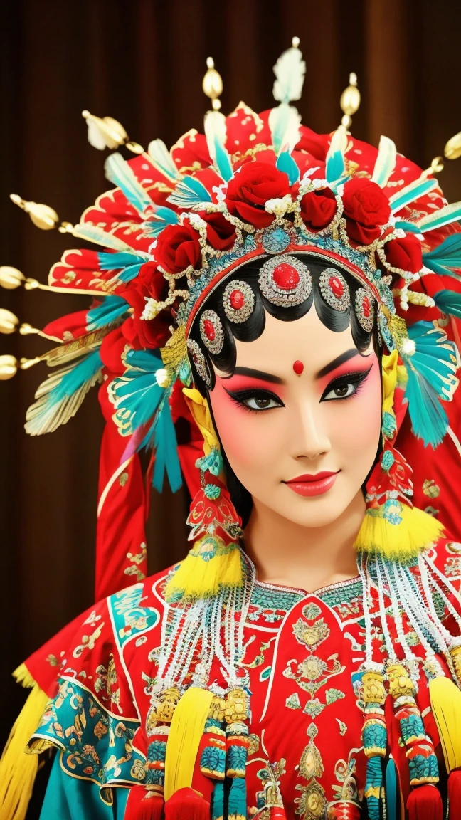 Beautiful and delicate eyes, Traditional clothing, Bright colors, Dramatic Lighting, Complex facial makeup, Exquisite headdress, Elegant posture, Gorgeous stage background, Decorative accessories