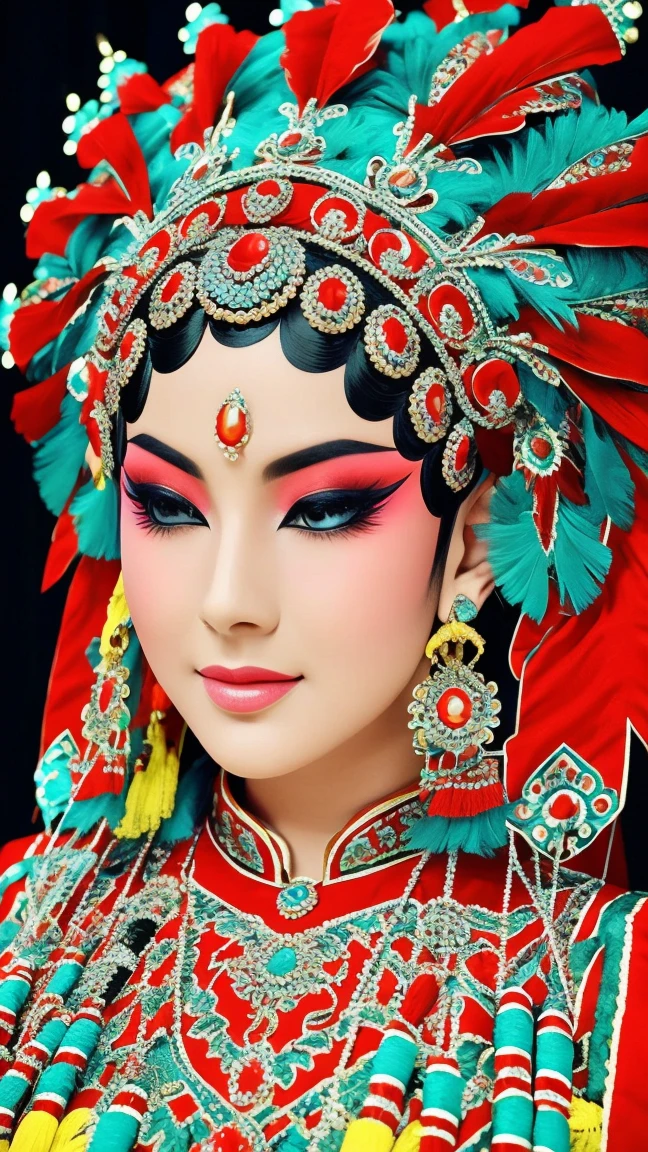 Beautiful and delicate eyes, Traditional clothing, Bright colors, Dramatic Lighting, Complex facial makeup, Exquisite headdress, Elegant posture, Gorgeous stage background, Decorative accessories