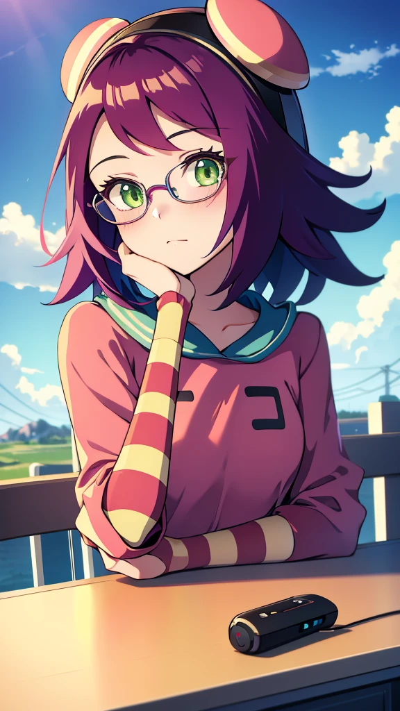 Misora_MegamanSf, 1 Girl, looking at viewer, long hair, Green eyes, Sky background , Blushed , Leaning on a table , Glasses , gaming clothes, gaming headphones