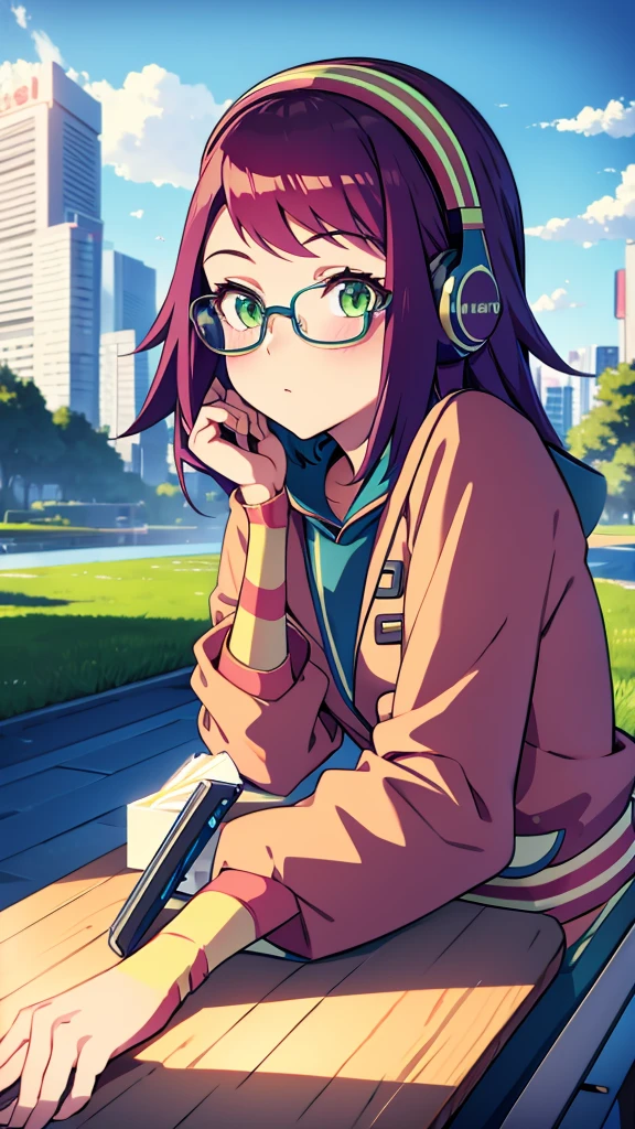 Misora_MegamanSf, 1 Girl, looking at viewer, long hair, Green eyes, Sky background , Blushed , Leaning on a table , Glasses , gaming clothes, gaming headphones