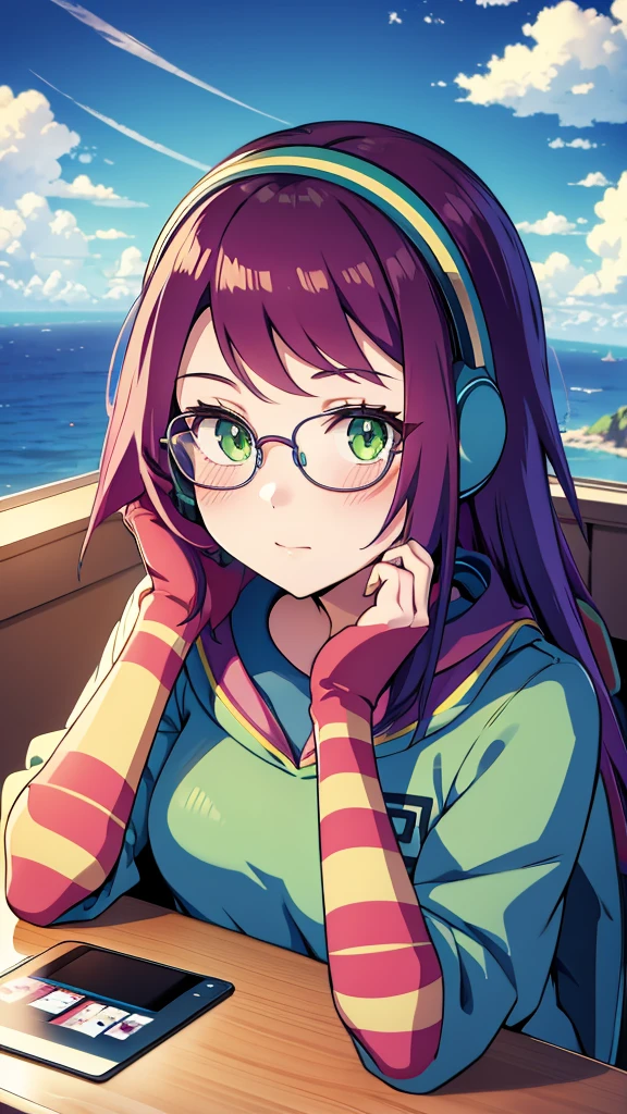 Misora_MegamanSf, 1 Girl, looking at viewer, long hair, Green eyes, Sky background , Blushed , Leaning on a table , Glasses , gaming clothes, gaming headphones