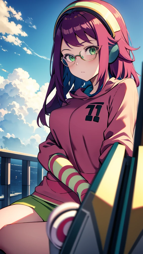 Misora_MegamanSf, 1 Girl, looking at viewer, long hair, Green eyes, Sky background , Blushed , Leaning on a table , Glasses , gaming clothes, gaming headphones