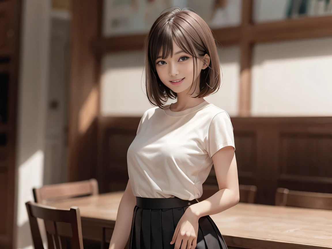 (8K, RAW Photos:1.2), Detailed face and eyes,最high quality, Ultra-high resolution, Very detailed ,Intricate details ,Tabletop ,pretty girl , Soft cinematic light, Hyper Detail,Sharp focus, high quality, Brown Hair,((Bobcut))、(Straight bangs)、Promenade、 ((Mini T-shirt))、(Pleated skirt)、”dwarf”、(Full Body Shot)、Waist、(I can see your thighs)、Cowboy Shot、 smile、