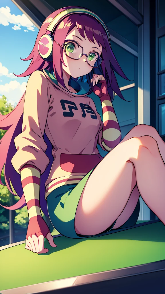 Misora_MegamanSf, 1 Girl, looking at viewer, long hair, Green eyes, Sky background , Blushed , Leaning on a table , Glasses , gaming clothes, gaming headphones