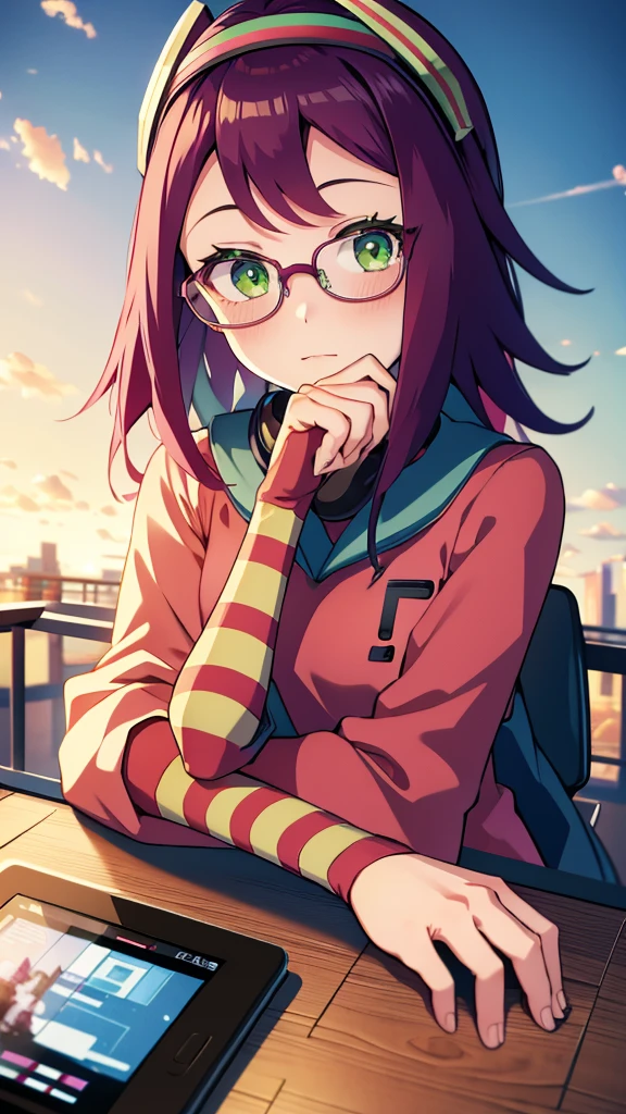 Misora_MegamanSf, 1 Girl, looking at viewer, long hair, Green eyes, Sky background , Blushed , Leaning on a table , Glasses , gaming clothes, gaming headphones