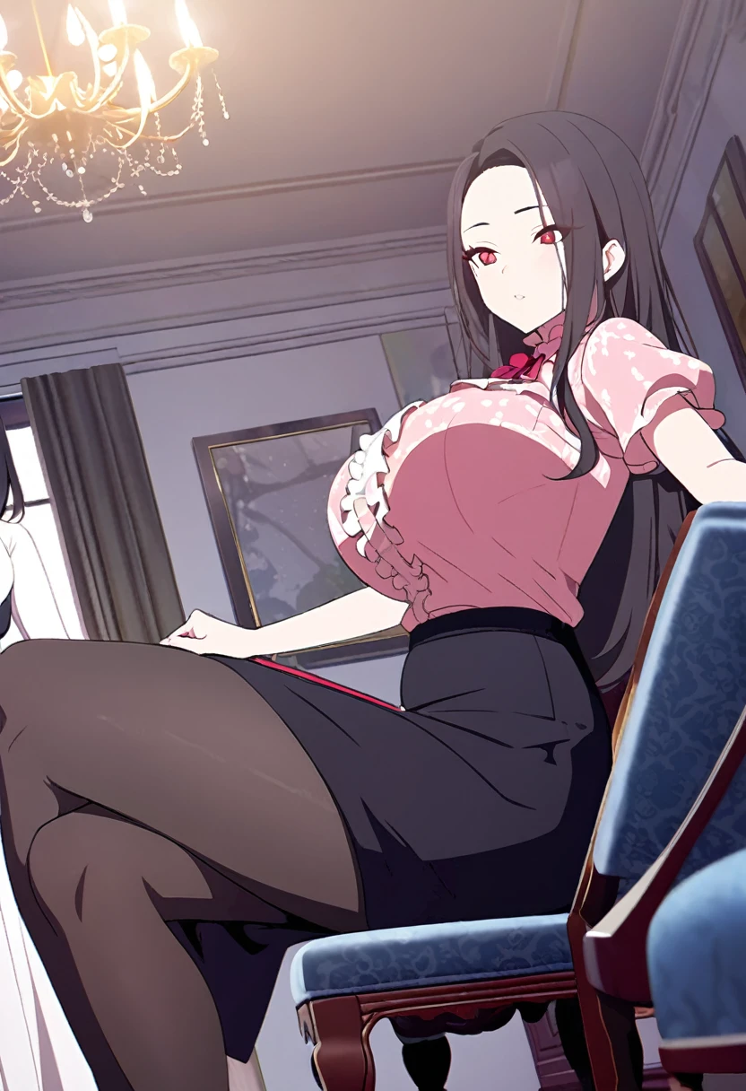 (One tall woman,Black Hair,Long hair,Red Eyes,Dynamic Angle,Large Breasts,Wide thighs)Woman sitting on chair,Ruffled shirt,Black long skirt,black tights,The background is the living room