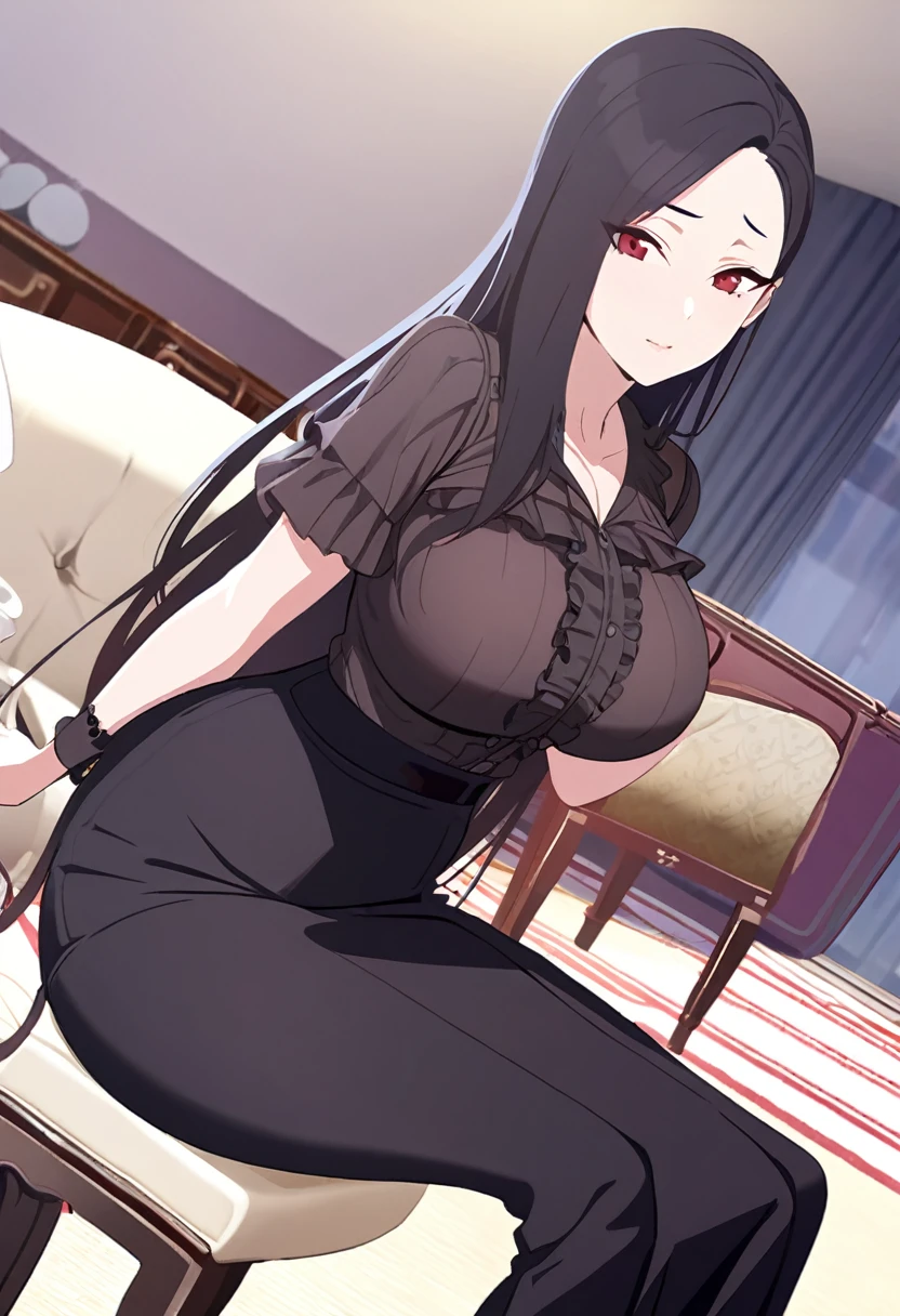 (One tall woman,Black Hair,Long hair,Red Eyes,Dynamic Angle,Large Breasts,Wide thighs)Woman sitting on chair,Ruffled shirt,Black long skirt,black tights,The background is the living room