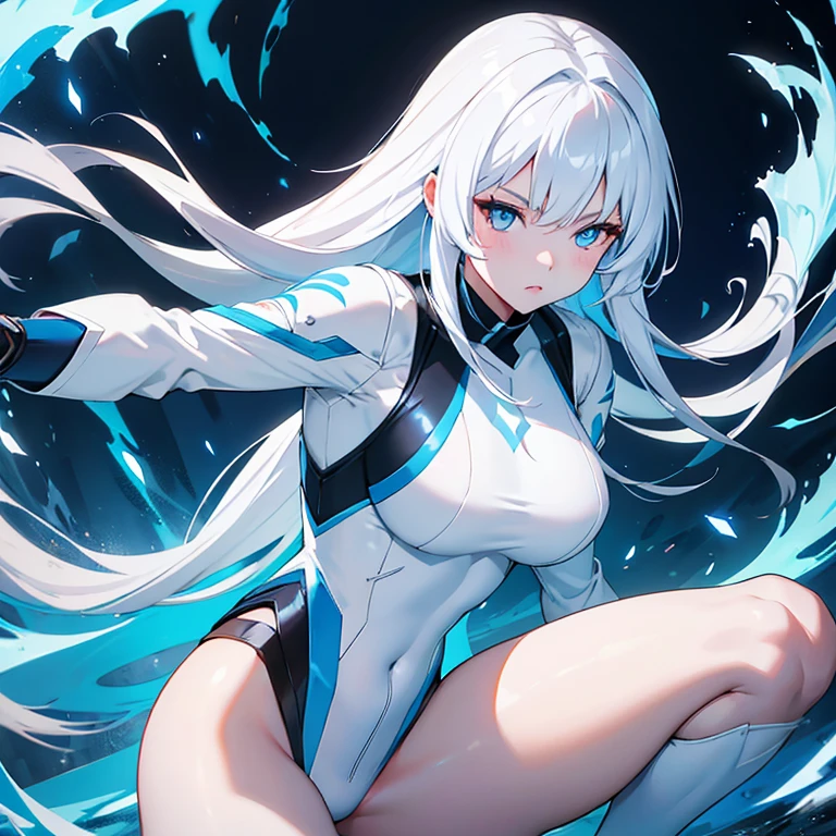 Korean girl, white long hair with bangs, icy blue eyes, white skin, white skimpy ninja suit, video game style, mortal kombat style