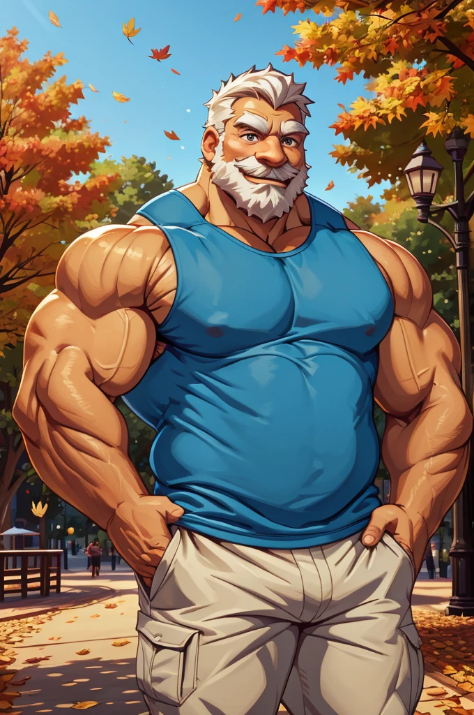 a muscular old man in park, tank top, happy, autumn, suits, vector, mwvector, bokeh, smile, (masterpiece:1.2),(best quality,8k),huge and muscular,thick arms,short hair,white hair,hand on pocket