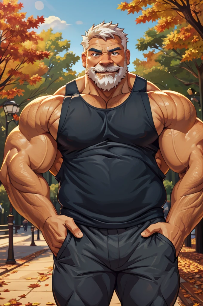 a muscular old man in park, tank top, happy, autumn, suits, vector, mwvector, bokeh, smile, (masterpiece:1.2),(best quality,8k),huge and muscular,thick arms,short hair,white hair,hand on pocket