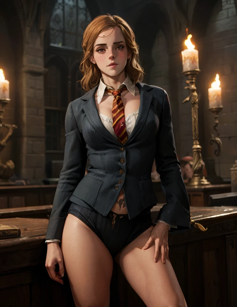 a girl，emma watson plays hermione, beauty，A charming smile，sexy bikini, Good, thong，The school uniform jacket is open，No buttons，Reveal the Good Inside，Exposing belly，Navel，Waist，Exposed Crotch，Bare legs，plump body ,huge breasts, Huge ass,sexy pose, kneeling on desk, Ass up, Wand in hand，Casting Magic，Fire，lightning，Hogwarts School，