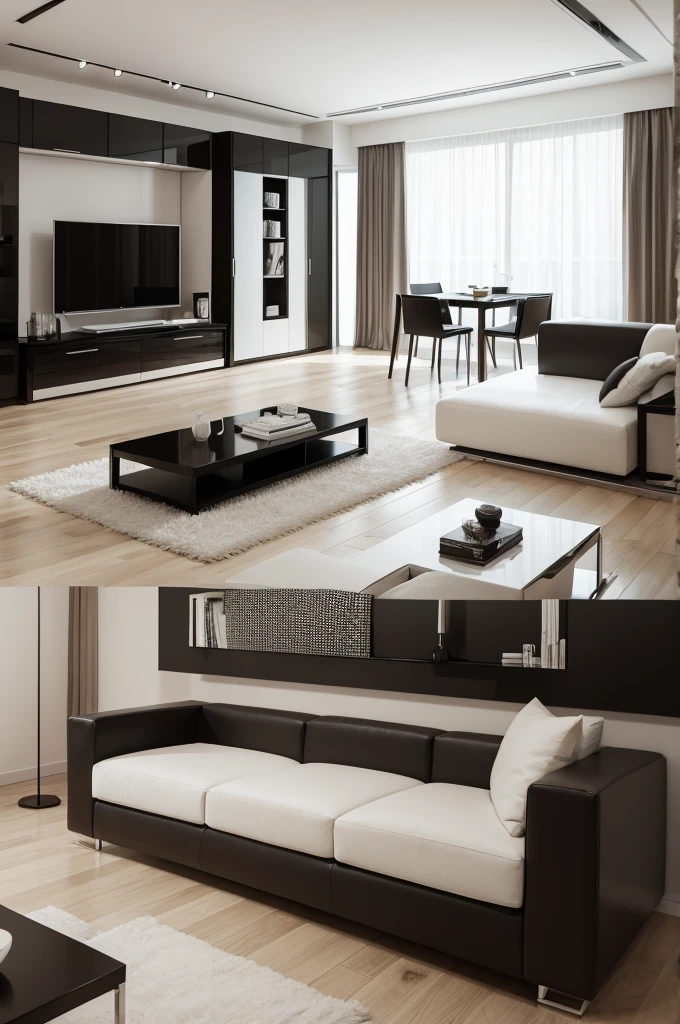 living room with black and white brown furniture 
