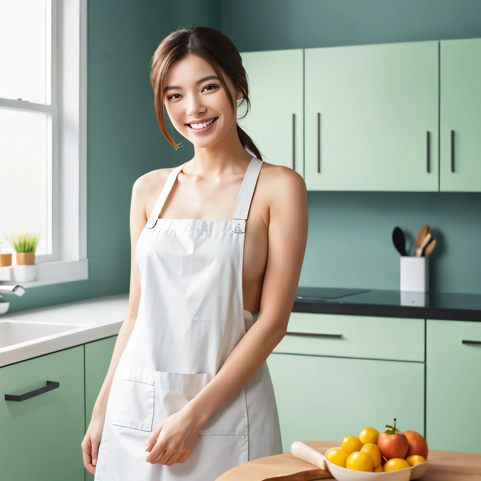 (table top、highest quality、8K、Award-winning work、ultra high resolution)、one beautiful woman、(wearing the most natural and perfect apron:1.1)、(naked apron:1.2)、(Look at me with your best smile:1.1)、(Show your beautiful teeth and have the best smile:1.1)、perfect beautiful teeth、emphasize body line、(bust up photo:1.1)、(upper body photo:1.2)、(big breasts:1.1)、(The most natural and practical kitchen:1.1)、(Perfectly organized and clean kitchen:1.1)、(modern and elegant kitchen:1.1)、(Perfect kitchen with state-of-the-art induction:1.1)、(Beautiful modern kitchen with a unified feel:1.1)、(very bright:1.2)、(Very bright and glowing skin:1.1)、It's very vivid、the most vivid、High chroma、radiant beautiful skin、A refreshing and beautiful perfect window、ultra high resolutionのperfect beautiful teeth、(Ultra high definition glossy skin:1.1)、(very brightly lit、明るい and glowing skin:1.2)、Super high-definition sparkling eyes、(accurate anatomy:1.1)、(the most elegant and perfect posture:1.1)、short hair