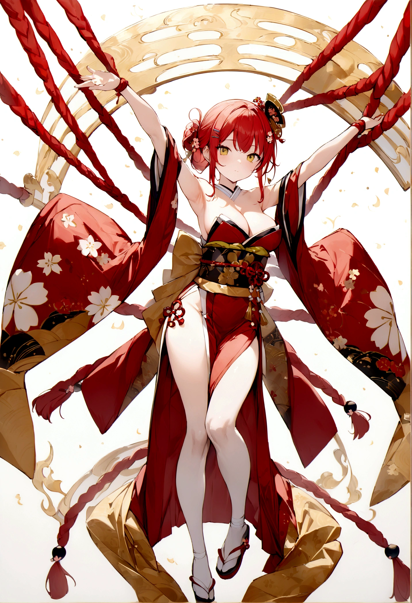 Don't cut out、whole body、White background、(masterpiece, best quality:1.2), White background、Long red hair tied up、Japanese style、White background、Red kimono、With arms outstretched、whole body、Plum blossom accessories、Plum blossom hair clip、Golden Japanese pattern decoration、