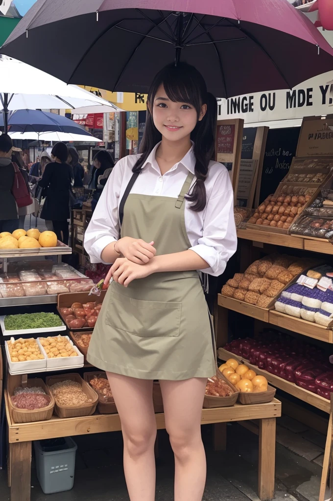 A 20-year-old girl selling umbrellas with umbrellas lined up(Wearing a miniskirt and apron)