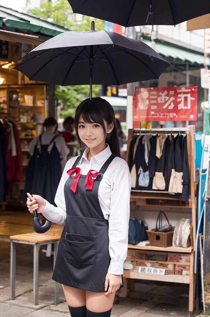A 20-year-old girl selling umbrellas with umbrellas lined up(Wearing a miniskirt and apron)
