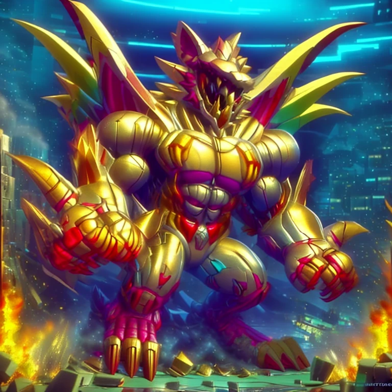 (masterpiece. official art. 8k. best quality. detailed full body. full body.)
(situation 1 : dominating The Phoenix Wolf. The Phoenix Wolf is over 1000 meters long. focus GIANT mechanical Muscular The Phoenix Wolf is trampling the car. Looking down.)
(situation 2 :smoke and flames rising from the destruction in the city)
(Additional details 1: Wearing golden Armor. Cape. Helmet. real texture material. whole body shines like metal. emphasizes the muscles. suit fully made of metal.Robotic suit).
(Additional details 1.5: The arms are golden. The lower half of the body is golden. The wolf-shaped helmet has sharp fangs. The whole body is golden. The chest area is also golden. There is a ring above the head.).
(Additional details 2: Detailed head. Detailed Body. Detailed abs. gigantic muscles. HYPER MUSCLES. Gigachad Muscular. big muscle. pecs. triceps. traps. unusually developed muscular body. body full of huge muscles. showing off muscles. pectorales enormes. Exaggeratedly huge muscles. huge muscles. long legs.).
(Additional details 3: Spread wings. It has wings. The claws are sharp. Sharp teeth.). He is laughing defiantly. The claws are sharp. Sharp teeth.).
(Additional details 3.5 : nj5furry, He is laughing defiantly. medieval armor.).