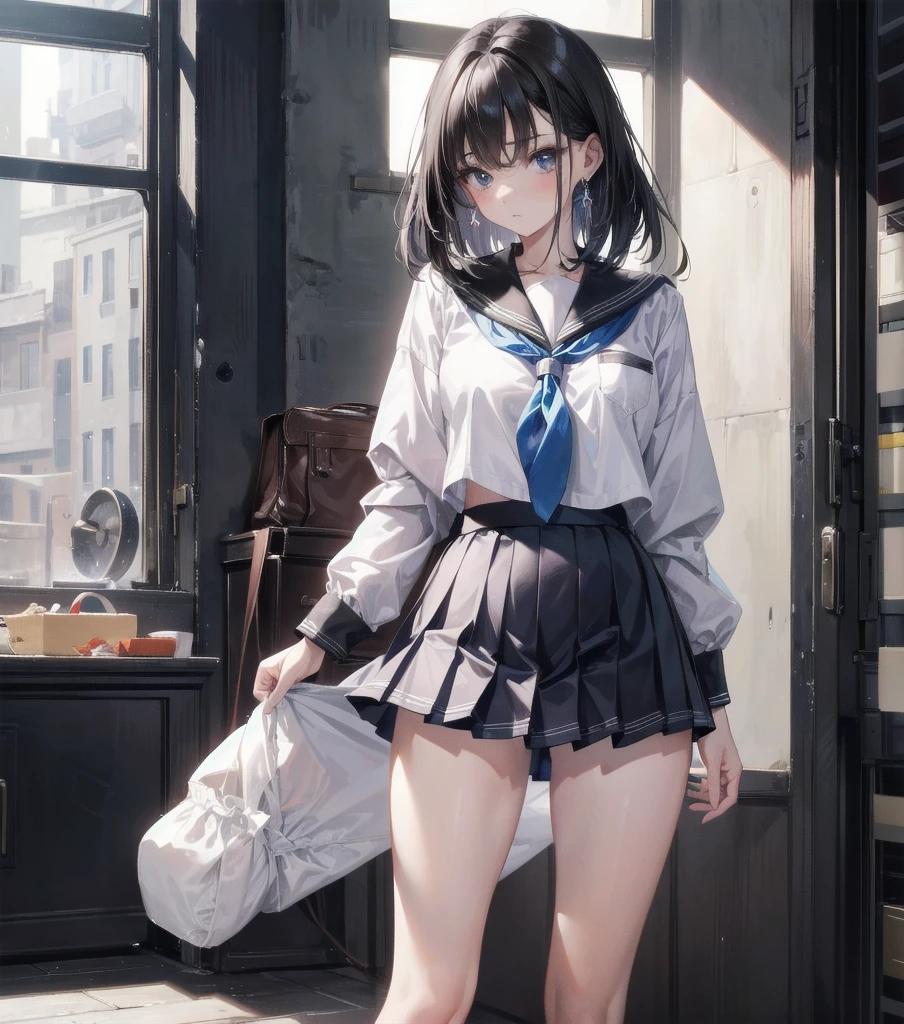 summer、empty classroom、thick、Sweat、、high school girl、Low length、(((((Eyes hidden by long bangs)))))、(((Long black hair:1.2 hair band)))(((Black-rimmed glasses:1.2 black eye)))、Backlight、evening、Nostalgic atmosphere、Look at this、High position、Full Body Shot、glamorous、Checked mini skirt、Navy knit vest、loafers、Skirt flip、Showing sexy panties、(Flip up your skirt with both hands)、avert your eyes、Plump thighs、Thin pubic hair、(((Front view))), Beautiful details, 16K, Absurd, masterpiece, Very detailed, beautiful girl,