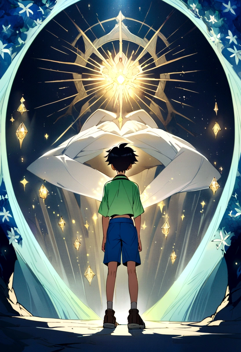 Create a character ,14 year old boy Japanese anime style with light green blouse ,blue shorts, all brown sneakers long black hair ,in front of a magical portal standing with your back entering a mystical kingdom full of magical creatures