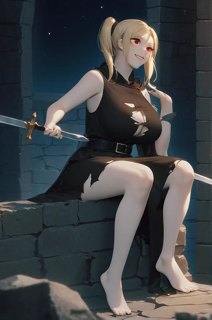 ((Лучшее качество)), ((шедевр)), (подробный), a girl, blonde with two ponytails, huge breasts, red eyes, beautiful body, short stature, lascivious facial expression, open mouth, grin, dressed in a black torn robe, sleeveless, without gloves, without pants, rag wraps on her legs, black panties, without a bra, a light handle hangs on her belt A sword, sitting on a ruined stone wall. Background of ancient ruins on a moonlit night. front view. the entire body is visible.
