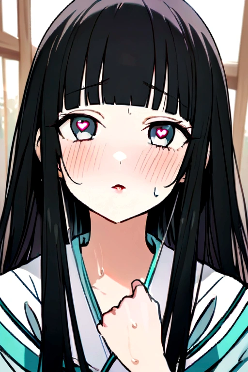 (sweaty skin) (standing, in the Fukuoka hakata city), (pov close up face) solo:2, 15 yo, ((blunt bangs)) (black hair long hair panic:1.4 shrine maiden girl), ((heart shaped pupils white eyes)), hand put on own chest, in a shrine maiden clothes, BREAK, perfect anatomy, masterpiece, best quality, 16k, beautiful detailed grow, daydreaming expression.