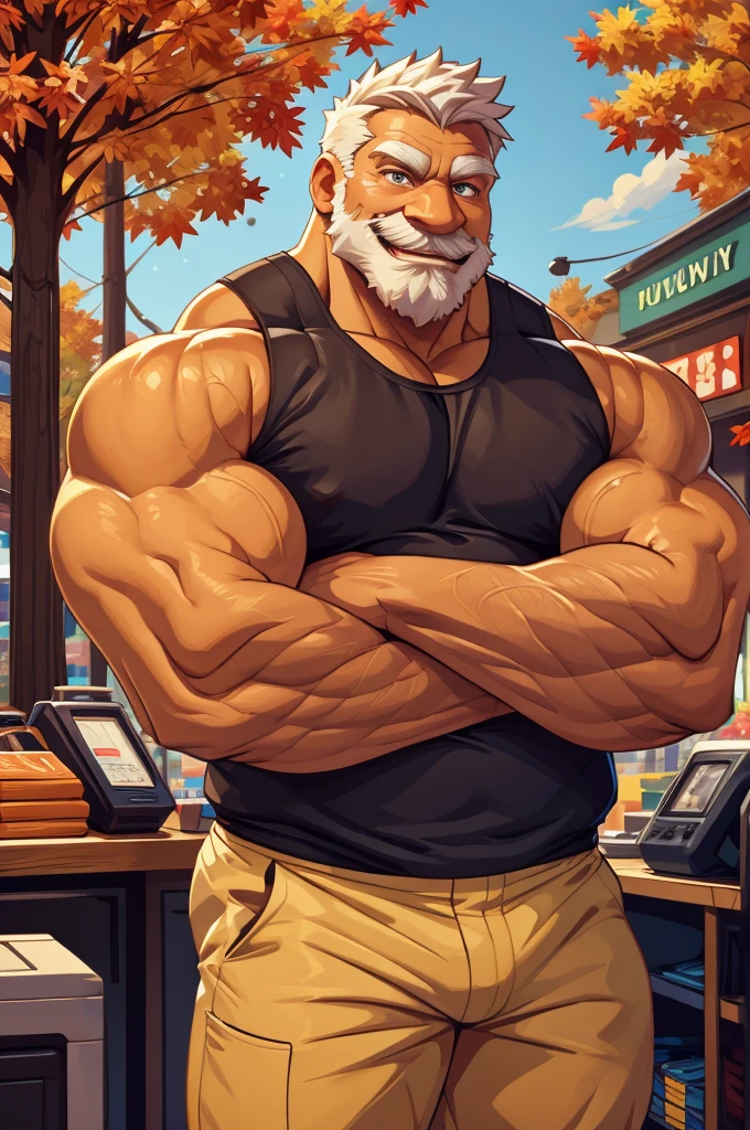 a muscular old man in cashier, tank top, happy, autumn, suits, vector, mwvector, bokeh, smile, (masterpiece), (best quality), 8k. huge and  muscular, thick arms, short hair, white hair