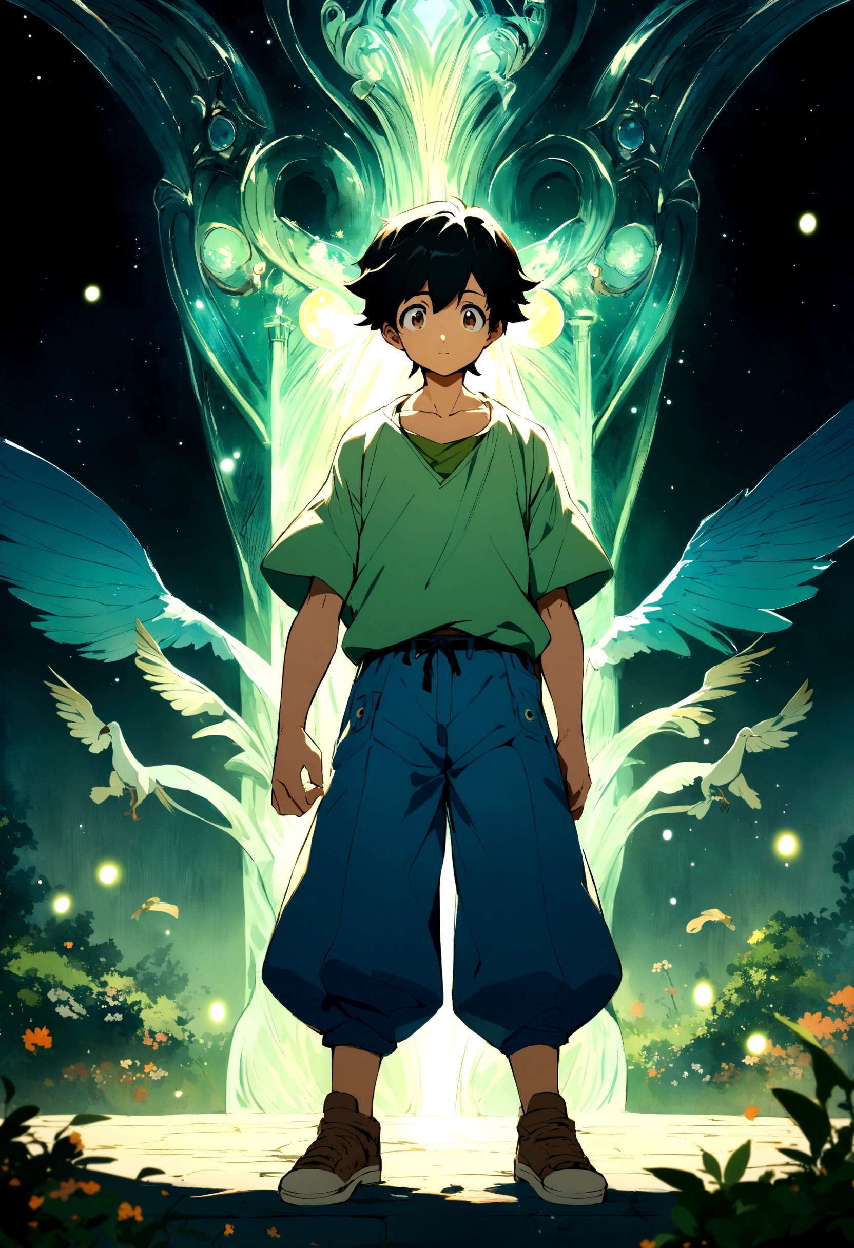 Create a character , boy Japanese anime style with light green blouse ,blue shorts, all brown sneakers long black hair ,in front of a magical portal standing with your back entering a mystical kingdom full of magical creatures