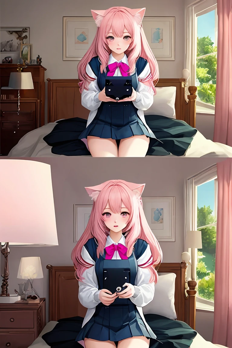 score_9,score_8_up,score_7_up,masterpiece, top quality, best quality, official art, beautiful and aesthetic, animation, , 1girl with cat ear, perfect figure, pink hair, complicated details, bedroom, happy, playing games, JK uniform, long pink hair ,