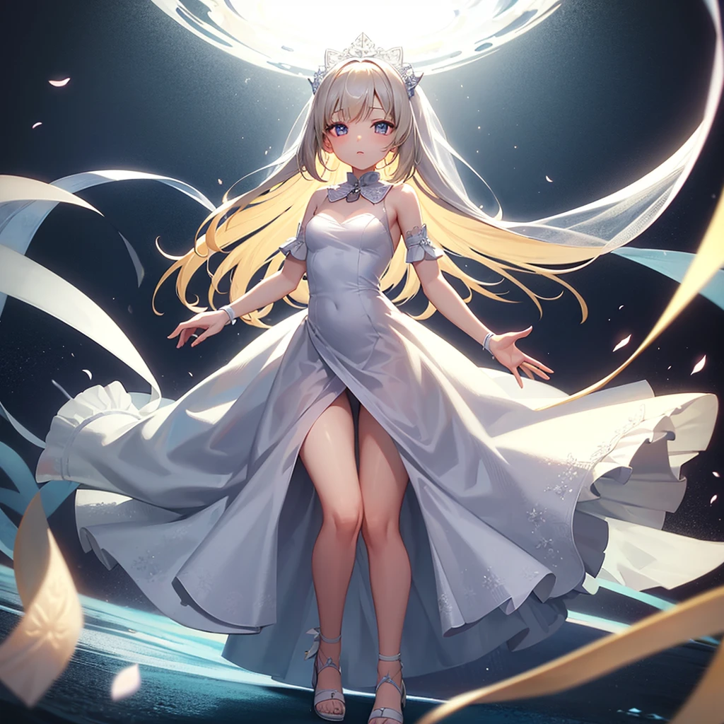 (((White Wedding Dress))), ((Bellline)),((In a naughty way)),Cute li,Tiny Lori,Small girildish face, Very fine clean face,Top quality, Big eyes,Straight Hair,Yellow hair,Crimson Eye,(Dark Room), Subtle light, Natural light,Soft lighting,Light from directly behind, (Are standing), Cute pose, (Open your hands), Showing the whole body,Front view,Black background