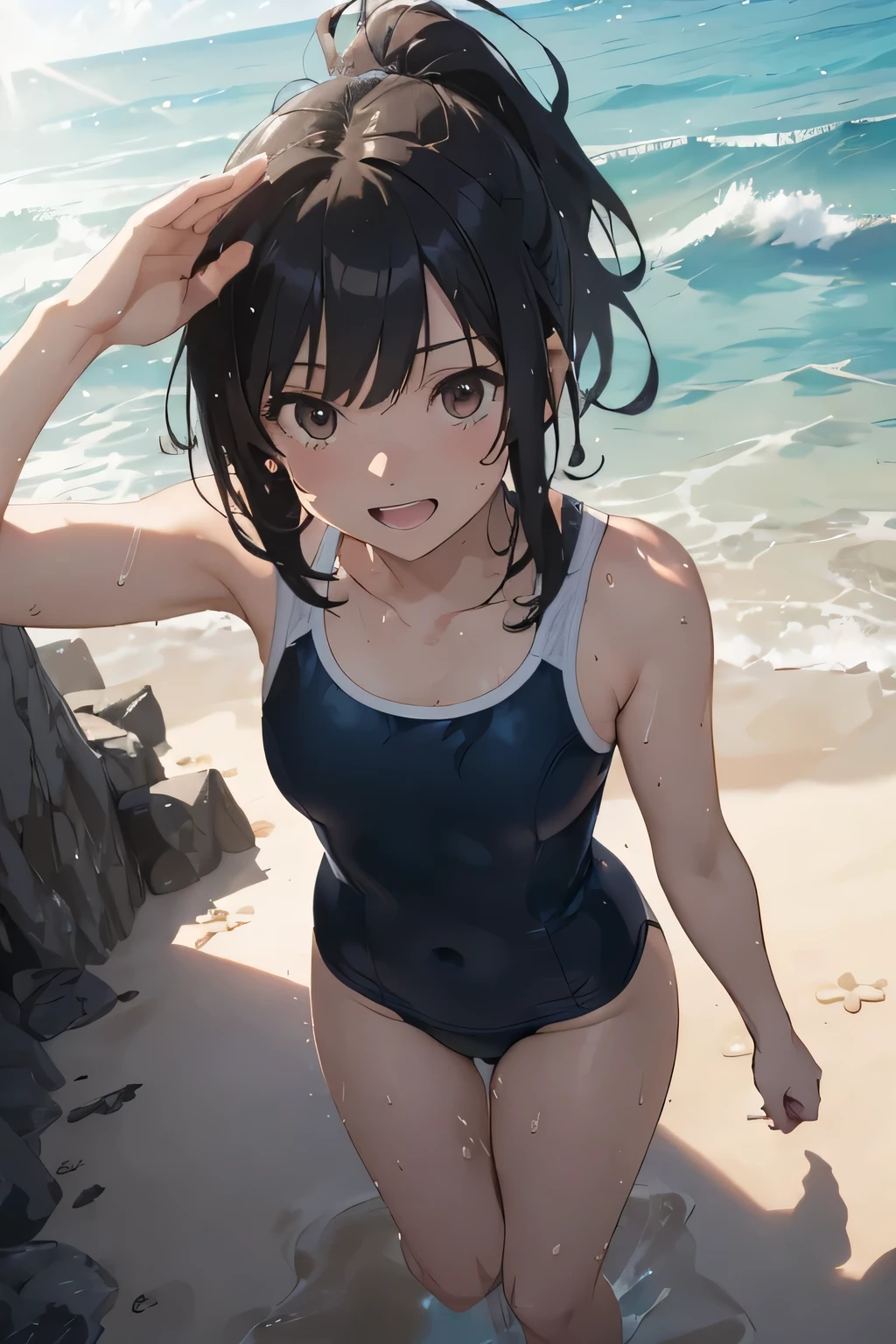 (masutepiece:1.2), (Best Quality), hyper detailed illustration，beautiful artwork，(Extreme Detail CG Unity 8K wallpaper、​masterpiece、top-quality)、(exquisite lighting and shadow、highly dramatic picture、cinematic lens effects)、A young woman is wearing a school swimsuit and posing on the sandy beach, 1girl in, (Navy blue school swimsuit:1.3), Solo, onepiece swimsuit, Outdoors, Long hair, Wet,  Looking at Viewer, playing in the water, breasts, Covered navel,  Black hair, Smile,  (Brown eyes), School Swimsuit, day,  tiny little breasts, Bangs, Sunlight, Butt blue one piece swimsuit，(Wet:1.1)，(Water splash)，facing，Dutch Angle，(straggling hair:1.2)， Dramatic Horizon，sunlight shining，The story of the braided twins，(From  above:1.2)，The swimsuit is wet，(Strong sunshine)，(Lens Flare)，(Tsurime)，(Look back)，(Sweat)，(Lens Flare:1.1)，(light glow:1.1)，