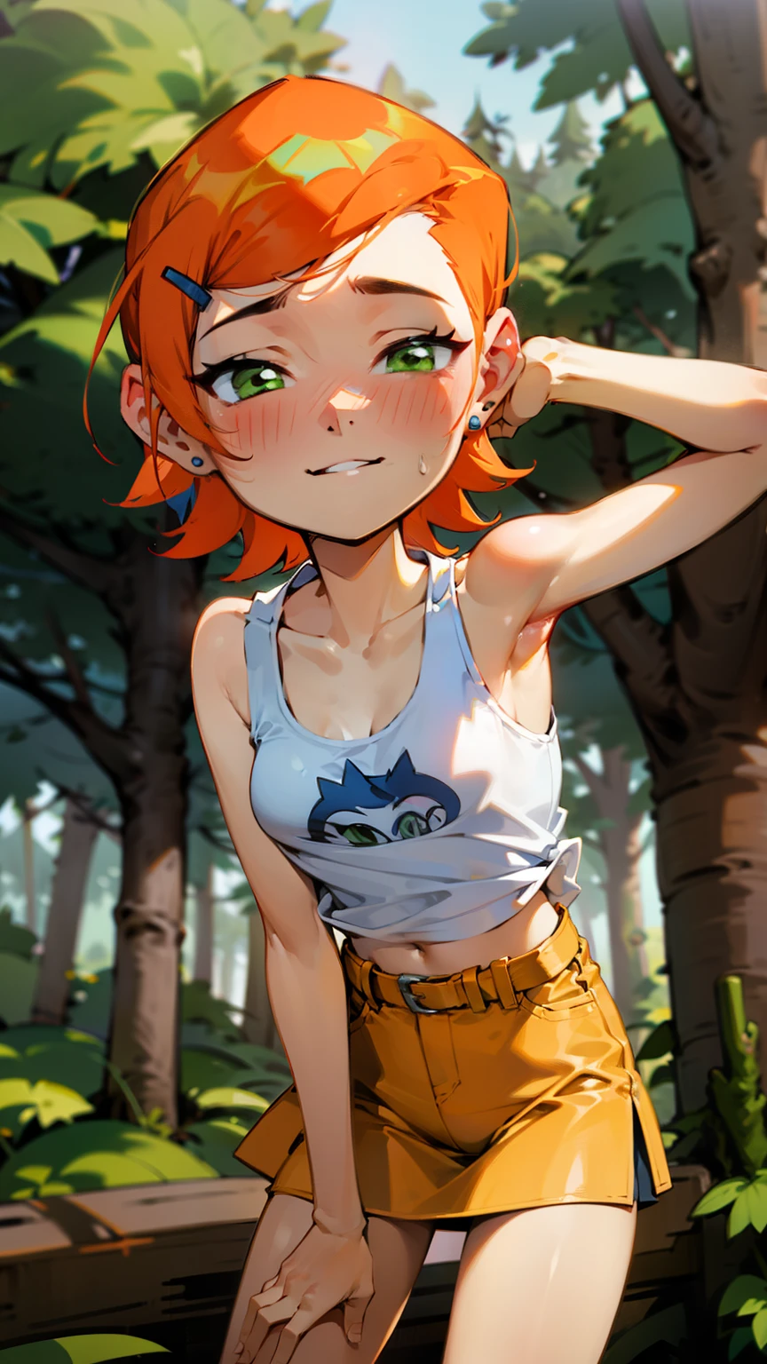 (Masterpiece), Best Quality, ultra-detailed, 1girl (Gwendolyn_Tennyson, beautiful face, breasts, orange hair, short hair, green eyes, half-closed eyes), , a come-hither face, parted lips, nose blush, blush, solo, thin shirt,,  , navel, , denim shorts, shorts undress, shorts down, pussy,in the forest, standing, come-on, ,  undressing, love juice flows out of her pussy, from_below