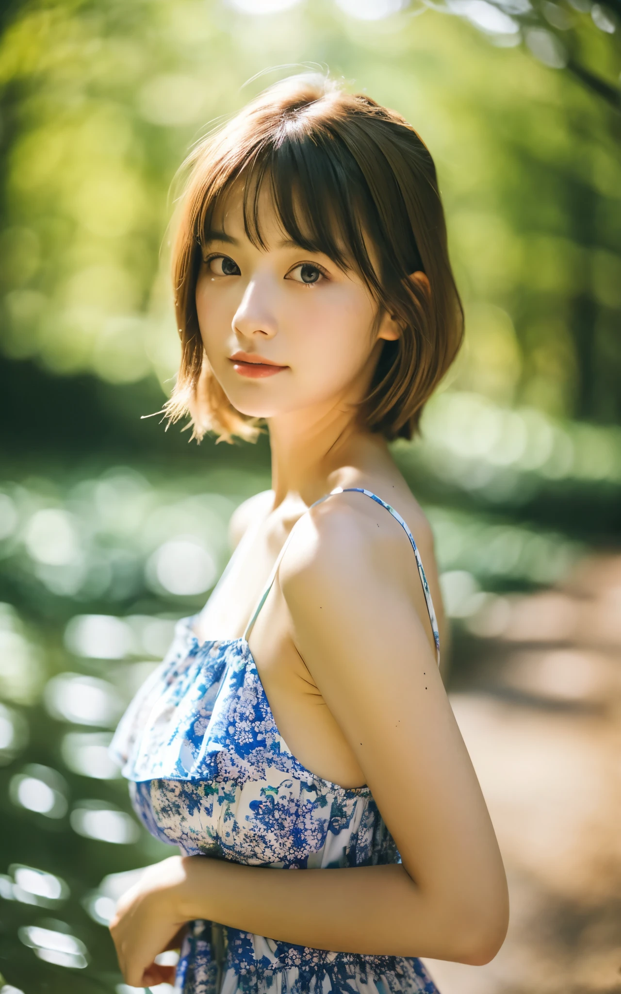 masterpiece, Best Quality, 8K, 1 girl, Japanese cute  girl, in summer, forest, stream, out of focus, 18 yo, large breasts, Mouth slightly open, cute little, Solo, sad, summer dress, Girly, Delicate girl, Neat and clean beauty, Raw photo, Professional Photography, Portrait, Soft light, Professional Lighting, Back lighting, Upper body, see the beholder, Sophisticated, Film grain, (Eyes and faces with detailed:1.0), medium hair swaying in the wind, beautiful flowing brown hair,