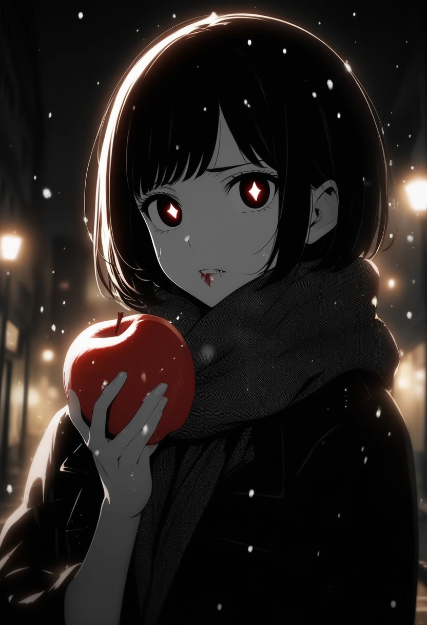 masterpiece, best quality, 1girl, momose_(oqo) official art, grayscale, manga style, japanese, chi no wadachi, black eyes, glowing white pupils, street, iced, black hair, schoolbag, lineart, looking at viewer, blood on face, black coat, black scarf, 35 years old, mature_female:1, tall, fair skinned, bokeh background, bob cut, light particles, centered, snowing, emotional anime scene, (very aesthetic, best quality, ultra detailed), intricate details, red and blue lights flashing, cool, soleless, emotionless, tired, taking a bite out of a shiny red apple, eating apple, holding apple to lips, holding, street lamp, surrounded by darkness, stars, biting
