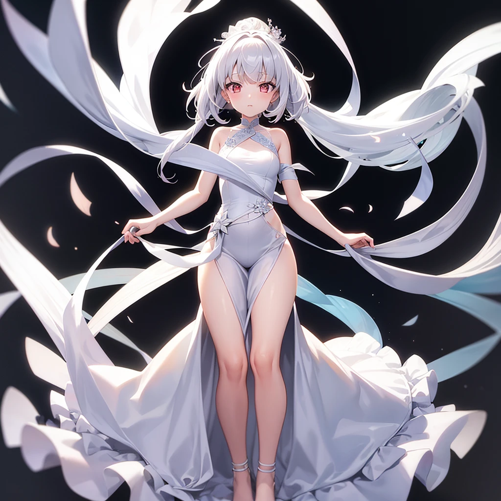 (((White Wedding Dress))), ((Bellline)),((In a naughty way)),Cute little loli,Tiny Lori,Small girl,,Childish face, Very fine clean face,Top quality, Big eyes,Straight Hair,Yellow hair,Crimson Eye,(Dark Room), Subtle light, Natural light,Soft lighting,Light from directly behind, (Are standing), Cute pose, (Open your hands), Showing the whole body,Front view,Black background