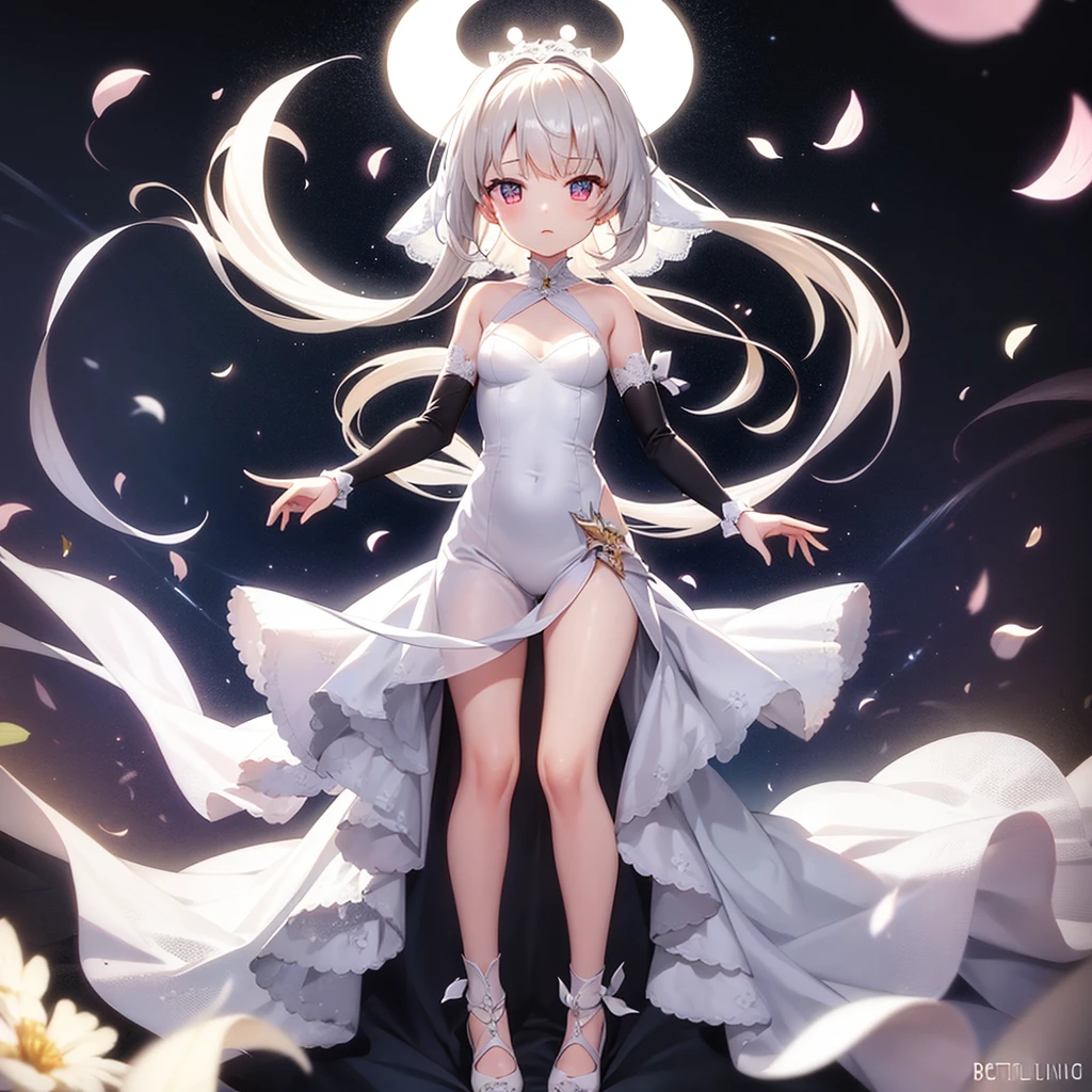 (((White Wedding Dress))), ((Bellline)),((In a naughty way)),Cute little ,Tiny Lori,Small girl,,Childish face, Very fine clean face,Top quality, Big eyes,Straight Hair,Yellow hair,Crimson Eye,(Dark Room), Subtle light, Natural light,Soft lighting,Light from directly behind, (Are standing), Cute pose, (Open your hands), Showing the whole body,Front view,Black background