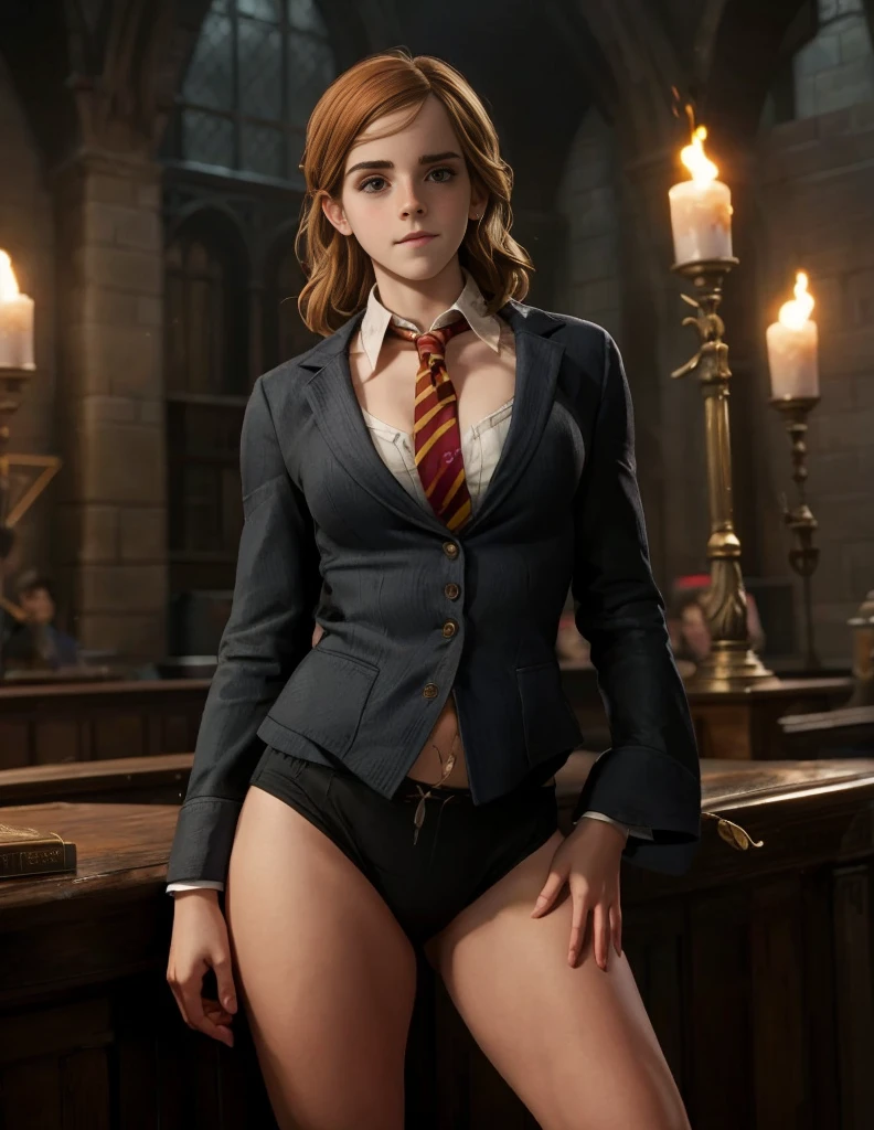 a girl，emma watson plays hermione, beauty，A charming smile，sexy bikini, Good, thong，The school uniform jacket is open，No buttons，Reveal the Good Inside，Exposing belly，Navel，Waist，Exposed Crotch，Bare legs，plump body ,huge breasts, Huge ass,sexy pose, kneeling on desk, Ass up, Wand in hand，Casting Magic，Fire，lightning，Hogwarts School，