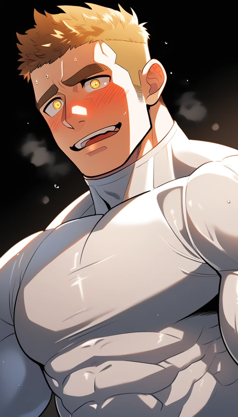anime characters:Tights superhero, Muscle superhero, 1 muscular tough guy, Manliness, male focus, Mike White high collar long sleeve tight T-shirt, Very tight, The clothes were soaked with sweat, Upright, round and full chest muscles, Male dog waist, Slightly transparent, muscular male, muscular, only, Upper body, alone, Black short hair, Thick eyebrows, stubble, Yellow eyes, Black background, simple background, amazing quality, best aesthetics, Ridiculous, bright pupils, crew cut, parted lips, shy, blush, moaning, saliva trail, drop shadow, best quality