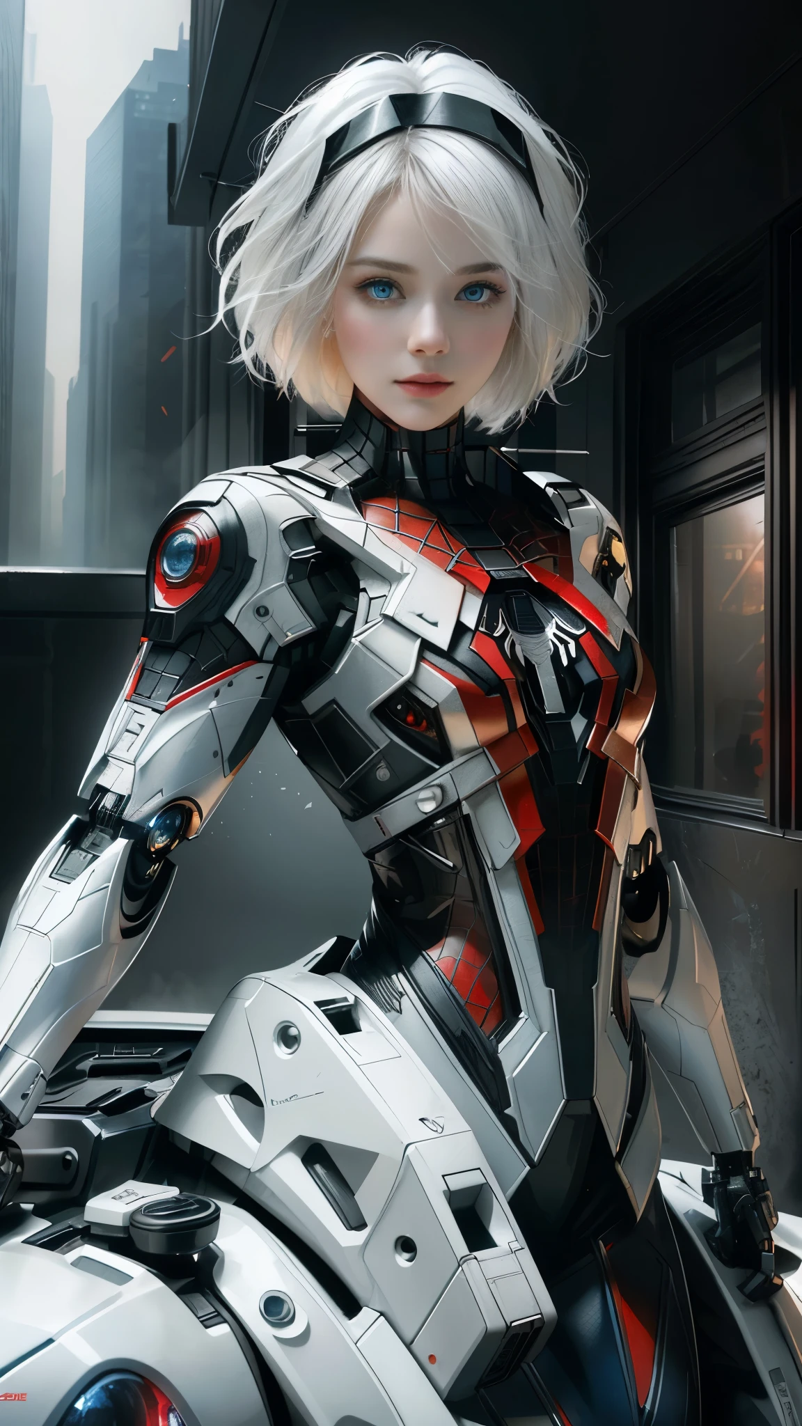 (1 girl:1.3), Alone, (((Very detailed face)))), ((Very detailed eyes and face.)))), beautifuls detalles ojos, body parts__, Official Art, unified 8k wallpaper, super detailed, beautiful and beautiful, beautiful, Masterpiece, Best Quality, Original, Masterpiece, super fine photo, Best Quality, super high resolution, realistic realism, sunlight, Full length portrait, extraordinary beauty, dynamic pose, delicate face, vibrant eyes, (FROM THE FRONT), He wears a Spider-Man suit., red and black color scheme, spider, fondo muy detallado del Ceiling de la ciudad, Ceiling, with city views, detailed face, detailed complex busy background, disordered, gorgeous, milky white, very detailed skin, realistic skin details, visible pores, clear focus, volumetric fog, 8k hd, DSLR, high quality, film grain, White skin, photographic realism, lomography, Futuristic dystopian megalopolis, translucent, eyes looking at the camera, Big , short hair,white hair ,full body,mecha,cyborg,robotic