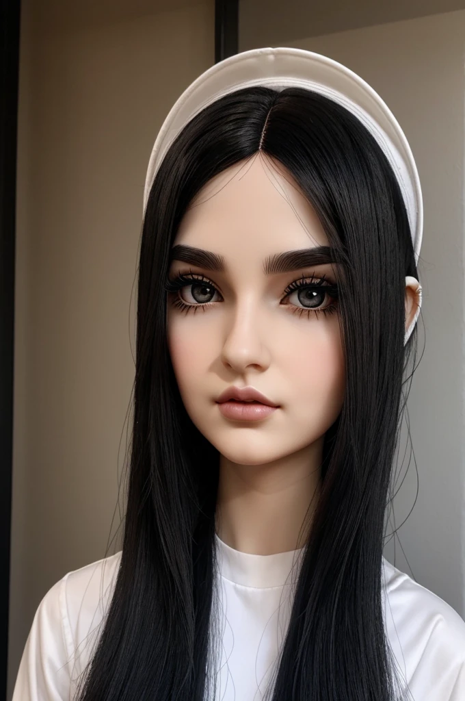 make me an animated doll that is pale, round face with black hair, long and straight, the side section, thin eyebrows, arched and dark, big dark brown eyes, long eyelashes, thick lips, septum and vertical labret piercing, black clothes