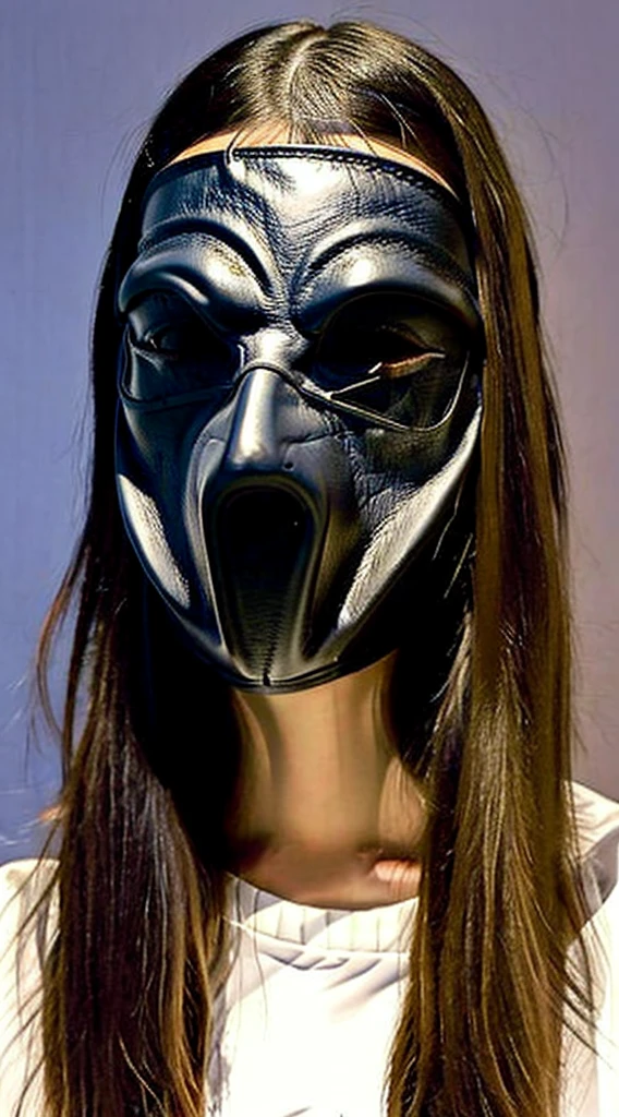 A realistic, detailed leather mask inspired by Leatherface from The Texas Chainsaw Massacre, isolated on a plain background, showing only the mask with no character or face,A mask made of human facial leather,Aged mask,showcase
