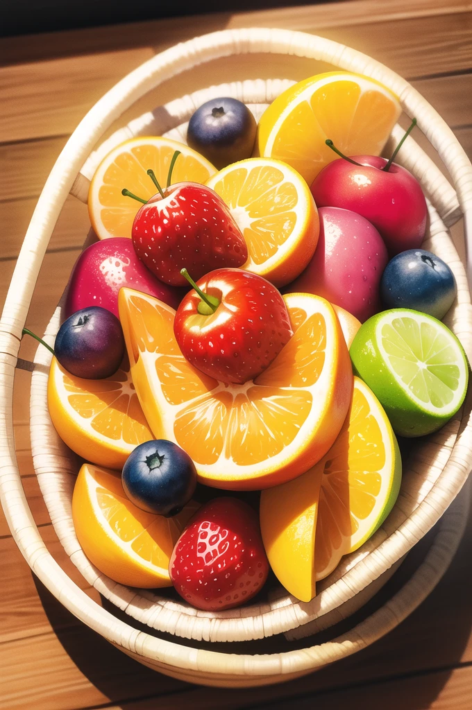 Create a vibrant minimalist watercolor painting featuring a variety of fruits including cherries, banana, mango, grape, avocado, blueberries, peaches, oranges, raspberries, and strawberries arranged in and around a rattan basket. The composition should include lush green leaves as accents, with the fruits rendered in rich, juicy colors that convey their freshness and sweetness. The background should be clear isolated with transparent background.. ultra Realistic. Masterpiece. High Saturation and contrast. 
