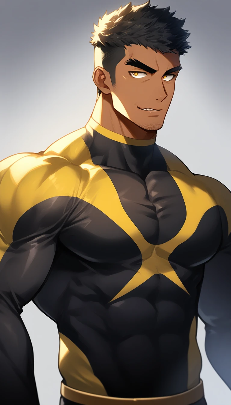 Endeavor, my hero academia, from front, super fine, bodysuits, middle-aged man, hunk, looking down and mouth wide open with shocked face, testicle grabbed, testicle squeezed,