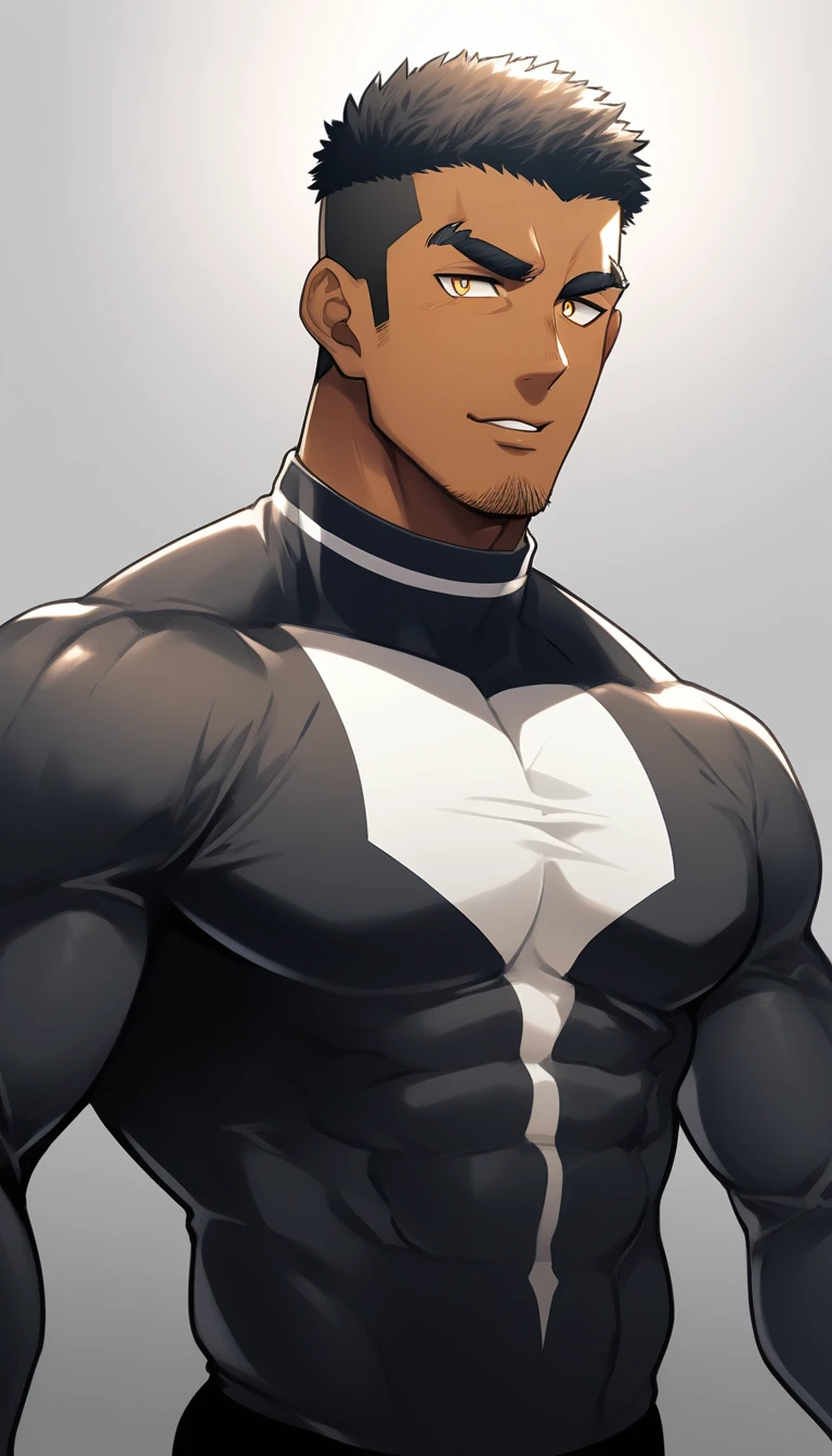 anime characters:Superhero in tights, negro black skin, He touches himself, Caress, Manliness, male focus, Yellow and black high collar long sleeve tight T-shirt, Slightly transparent material, Very tight, Round, full and perky chest muscles, Male dog waist, Slightly transparent, muscular male, muscular, only, Upper body, alone, Black short hair, Thick eyebrows, stubble, Yellow eyes, Grey background, simple background, amazing quality, best aesthetics, Ridiculous, bright pupils, crew cut, parted lips, seductive smile, torogao, naughty face, drop shadow, best quality