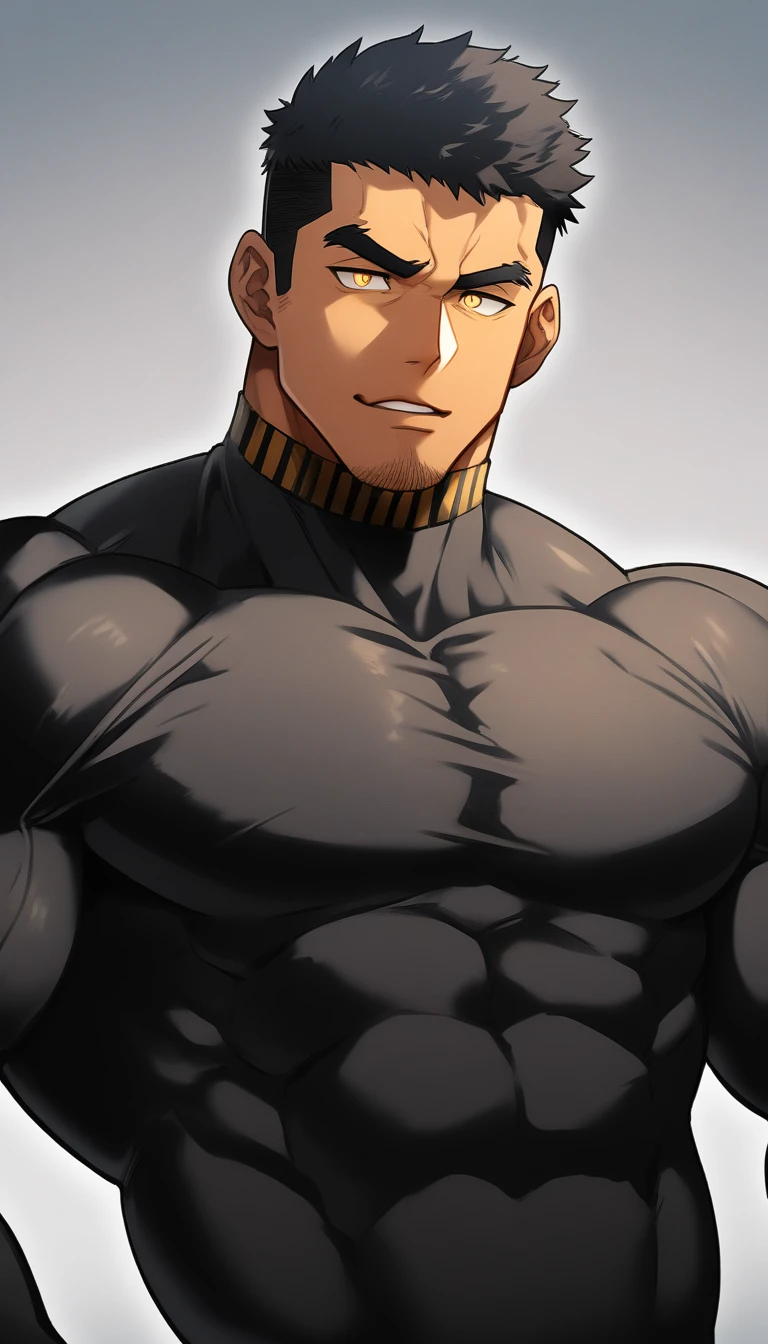 anime characters：Tights superhero, Muscle superhero, negro black skin, 1 dark skin muscular tough guy, Manliness, male focus, Yellow and black striped high collar long sleeve tight T-shirt, Slightly transparent material, Very tight, Round, full and perky chest muscles,Male dog waist,Slightly transparent, muscular male, muscular, only, Upper body, alone, Black short hair, Thick eyebrows, stubble, Yellow eyes, Grey background, simple background, amazing quality, best aesthetics, Ridiculous, bright pupils, crew cut, parted lips, seductive smile, torogao, naughty face, drop shadow, best quality