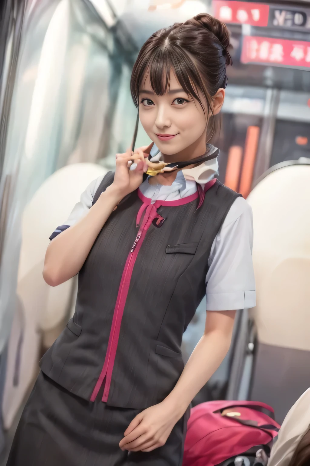 (masterpiece:1.2, Highest quality:1.2), 32k HDR, High resolution, (alone、One girl)、（At the station platform、Professional Lighting）、Empty train station platform background、（Realistic style of JR Gran Class crew uniform）、Short sleeve blouse、a scarf around the neck、（JR Gran Class flight attendant uniform with pink parts on the skirt sleeves）、（The uniform of a flight attendant in JR Gran Class has a pink line on the front zipper of the vest.）、Dark brown hair、（Chignon、Hair tied up）、Dark brown hair、Long Shot、Big Breasts、（（Great hands：2.0）），（（Harmonious body proportions：1.5）），（（Normal limbs：2.0）），（（Normal finger：2.0）），（（Delicate eyes：2.0）），（（Normal eyes：2.0））)、Big Breasts、Luxury Necklace、smile、Beautiful standing posture,Place your hands around your stomach
