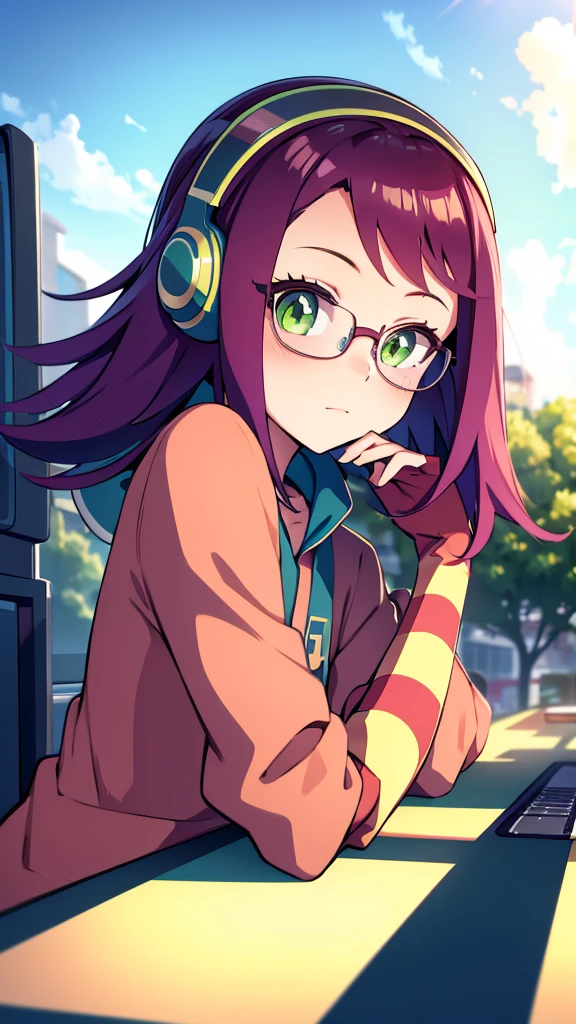 Misora_MegamanSf, 1 Girl, looking at viewer, long hair, Green eyes, Sky background , Blushed , Leaning on a table , Glasses , gaming clothes, gaming headphones